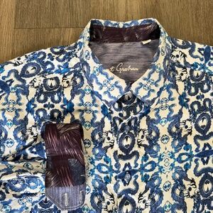 Robert Graham L/S Dragon Button Shirt Men's Size 1XLT Tall Flip Cuff White Blue